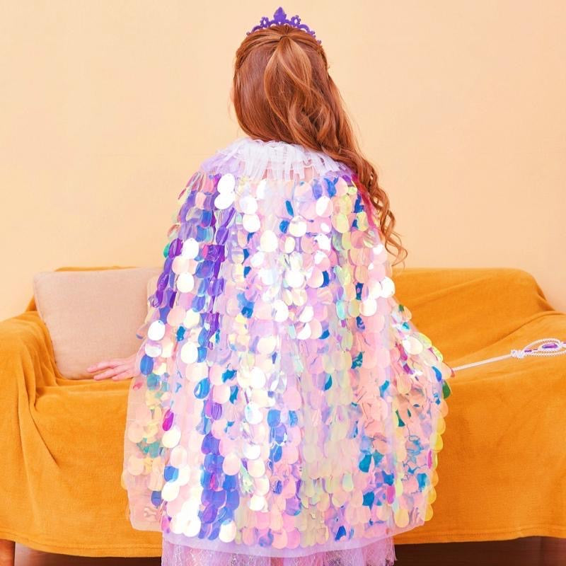 2 piece set Girls mermaid Cape Cloak Shiny Glitter Party Prop Kids Fancy cape + headband