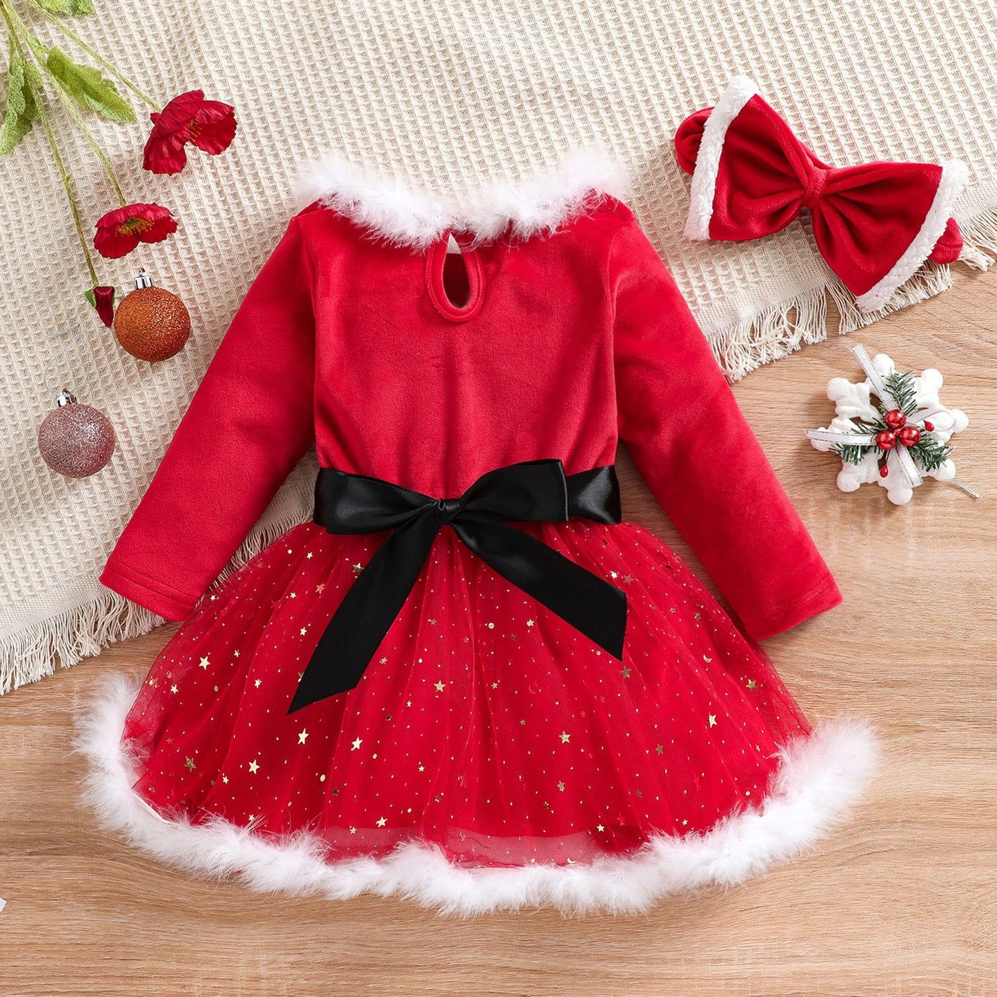 2pcs set Baby Christmas Long Sleeve dress + headband