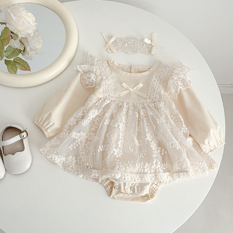 Baby beige lace romper dress long sleeve + vintage lace headband