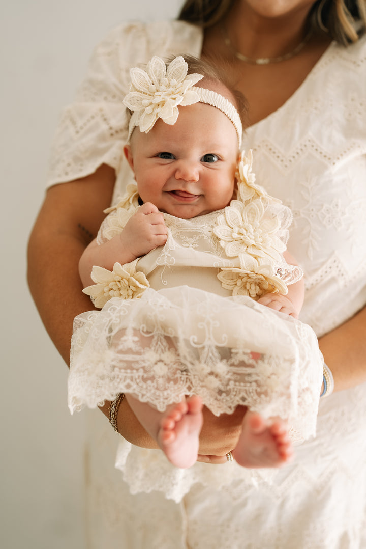 Baby Girl Lace Romper Dress Backless Boho flower + headband Beige