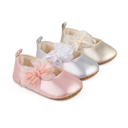 Baby pre-walker leather princess shoes with tulle bow knot