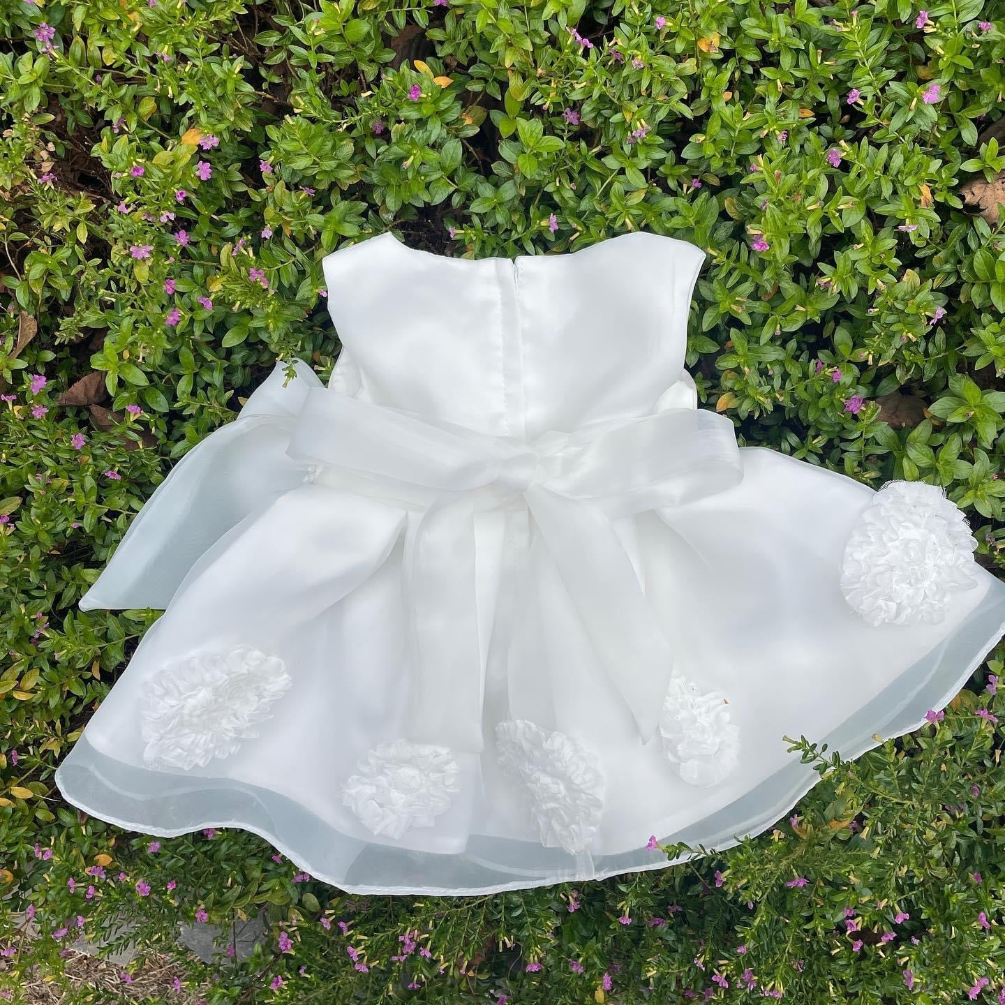 Elegant Baby dress with flowers and big bow knot White