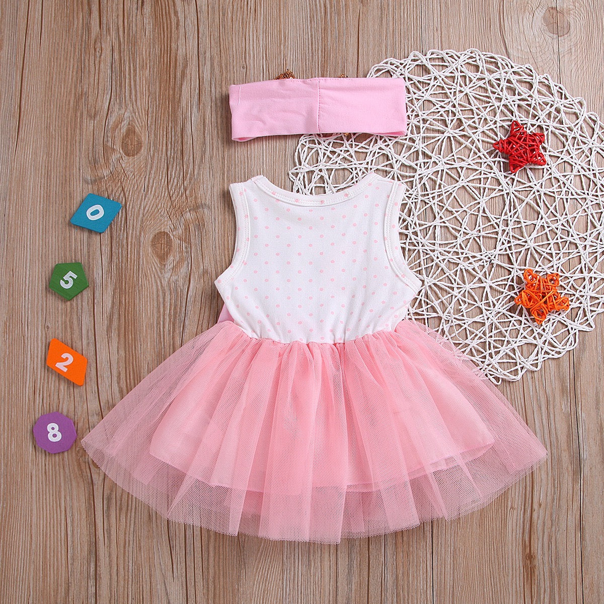 cotton sleeveless dress with mesh skirt pink+ headband golden number ONE