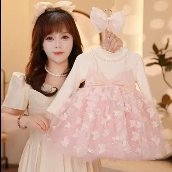 2pcs set 3D butterfly Long sleeve pink dress + headband