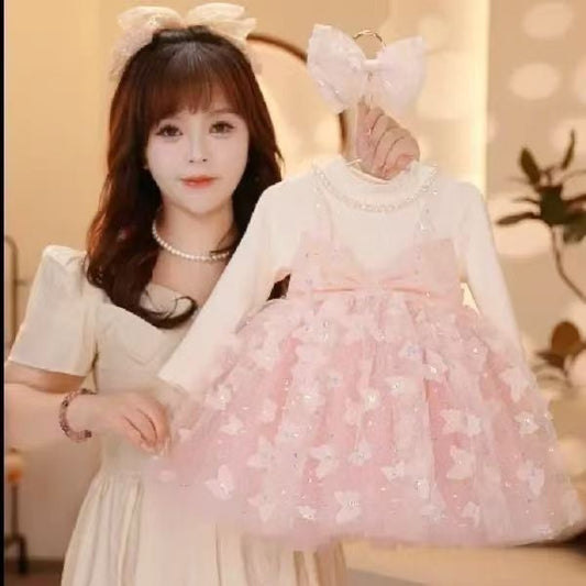 2pcs set 3D butterfly Long sleeve pink dress + headband