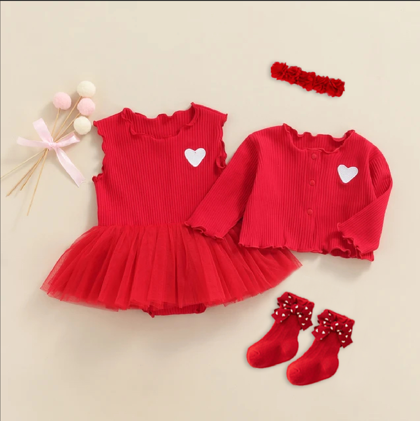 2 piece set 100% cotton knitted long sleeve  baby embroidered heart cardigan+tulle dress 3 colors