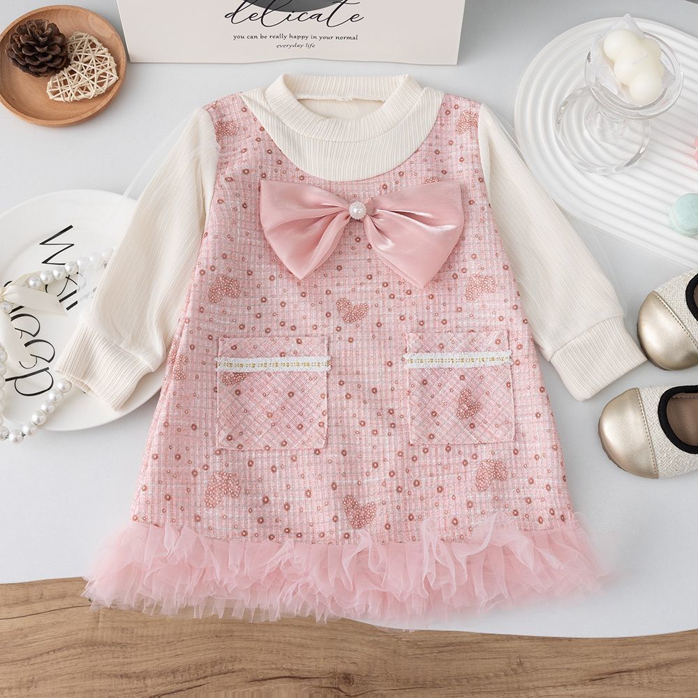 Long sleeve dress with multi-layered tulle skirt hem and big bow at chest 2 color