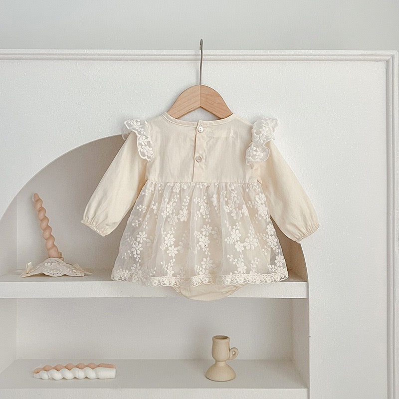 Baby beige lace romper dress long sleeve + vintage lace headband