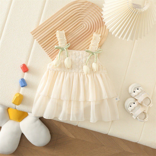 Baby Girl multi layered Romper Dress with tulip flowers , color  Beige