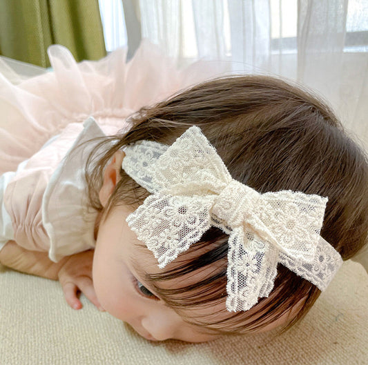 Baby lace bow knot Beige nylon headband