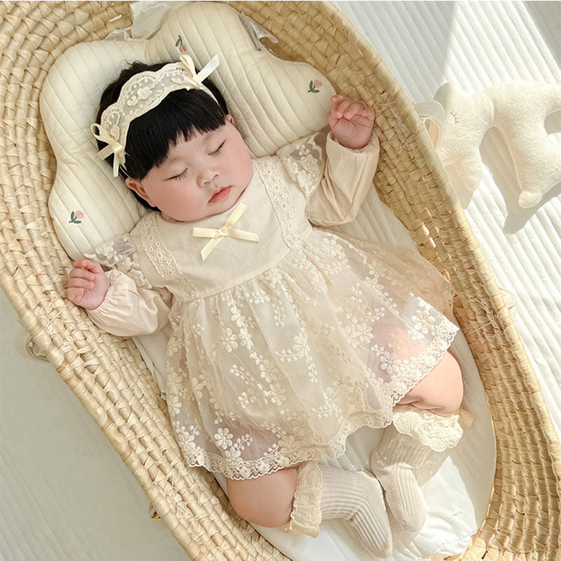 Baby beige lace romper dress long sleeve + vintage lace headband