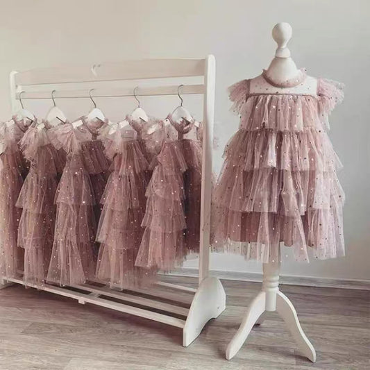 Layered Tulle Dress Flutter Sleeve Princess Cake Dress