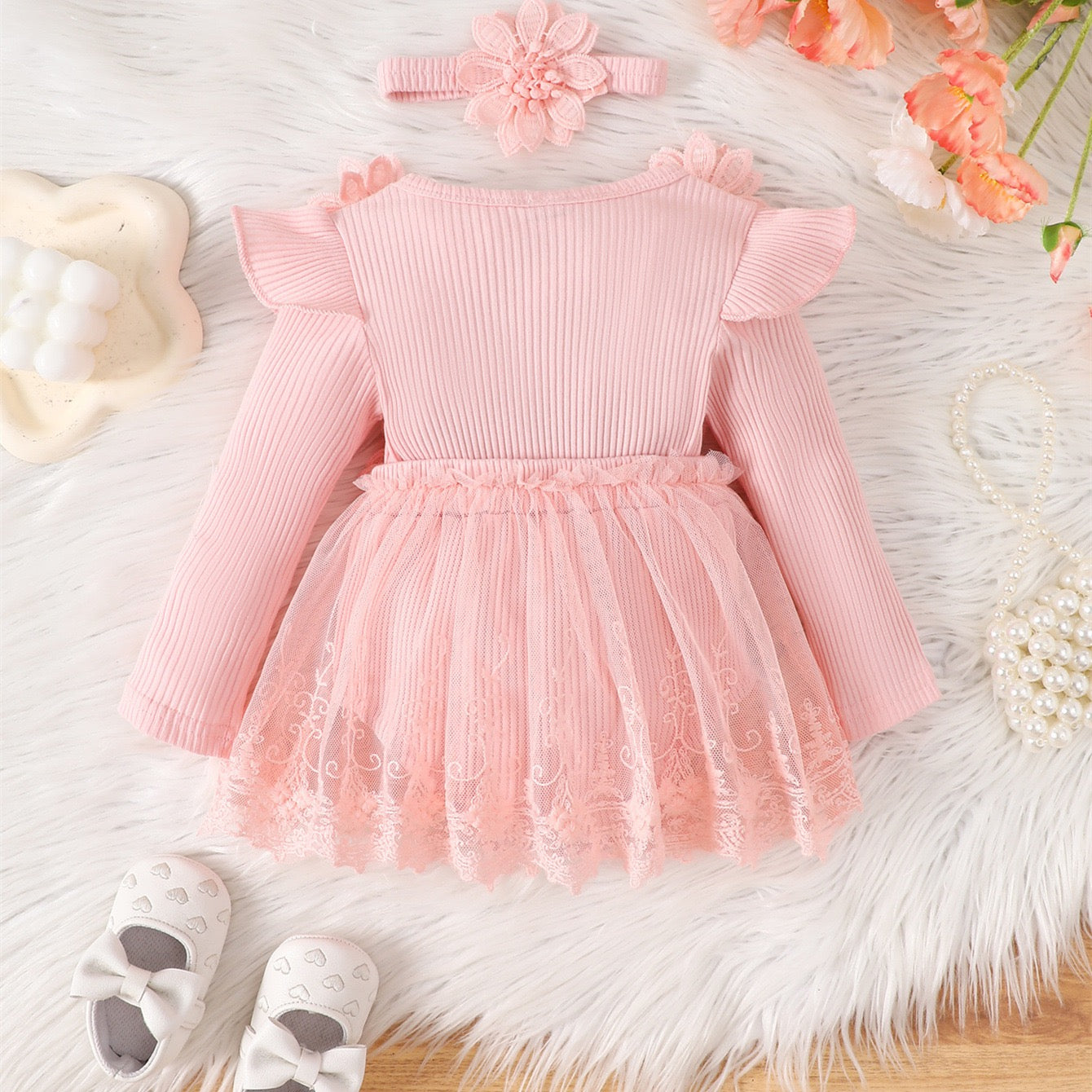 long sleeve romper dress with flowers + headband 2 color