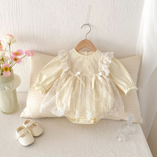 Long sleeve baby beige  romper dress with 2 bows