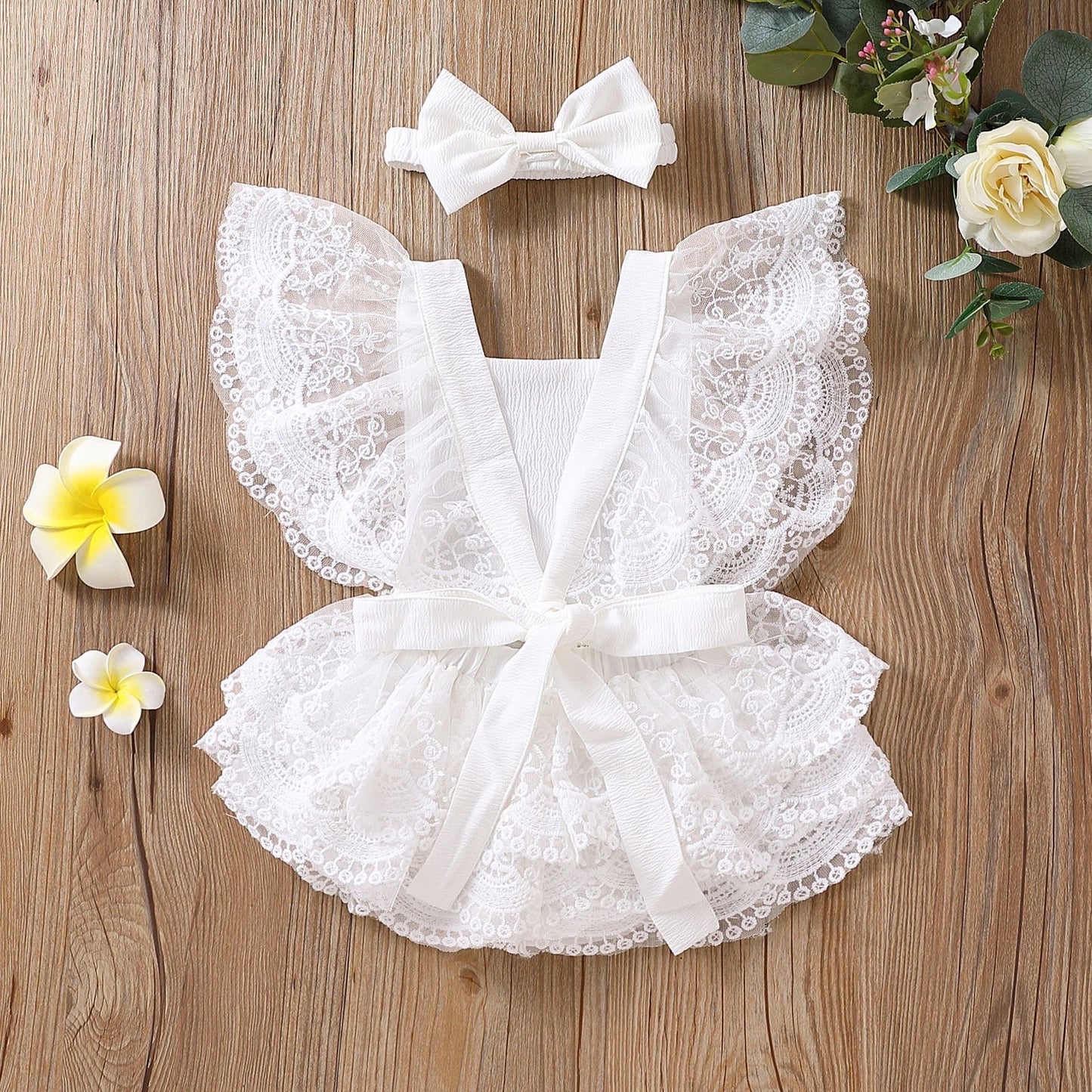 Baby Girl Lace Romper Dress Backless Boho bow tie + headband white