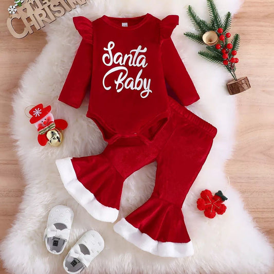 3pcs set Christmas velvet  long sleeve romper + pants + hat