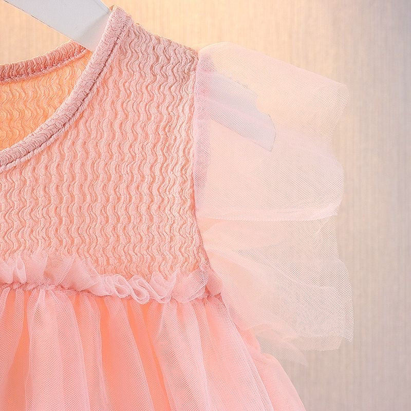 baby pink flying sleeve dress with beige bow knots