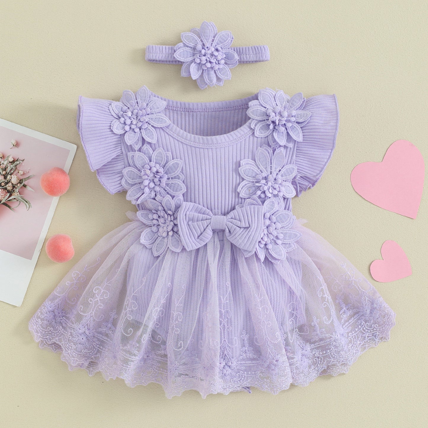 Baby Girl Lace Romper Dress flower and bow Boho + headband 4 color