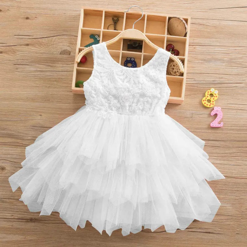 Kids sleeveless princess dress tutu skirt hollow lace sleeve