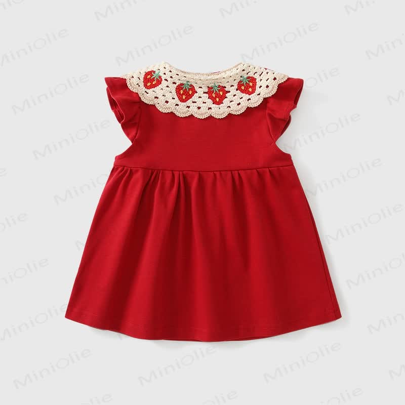 Oversized collar dress with embroidered strawberry and 2 bows red color