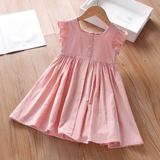 Simple pink cotton flying sleeve dress