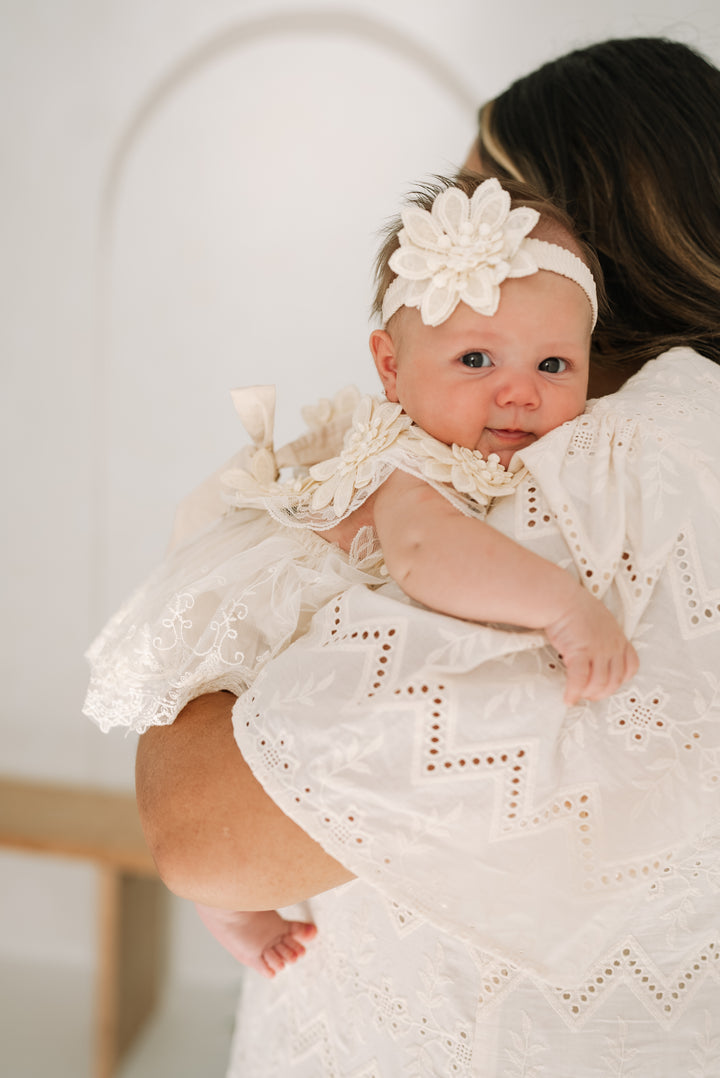 Baby Girl Lace Romper Dress Backless Boho flower + headband Beige