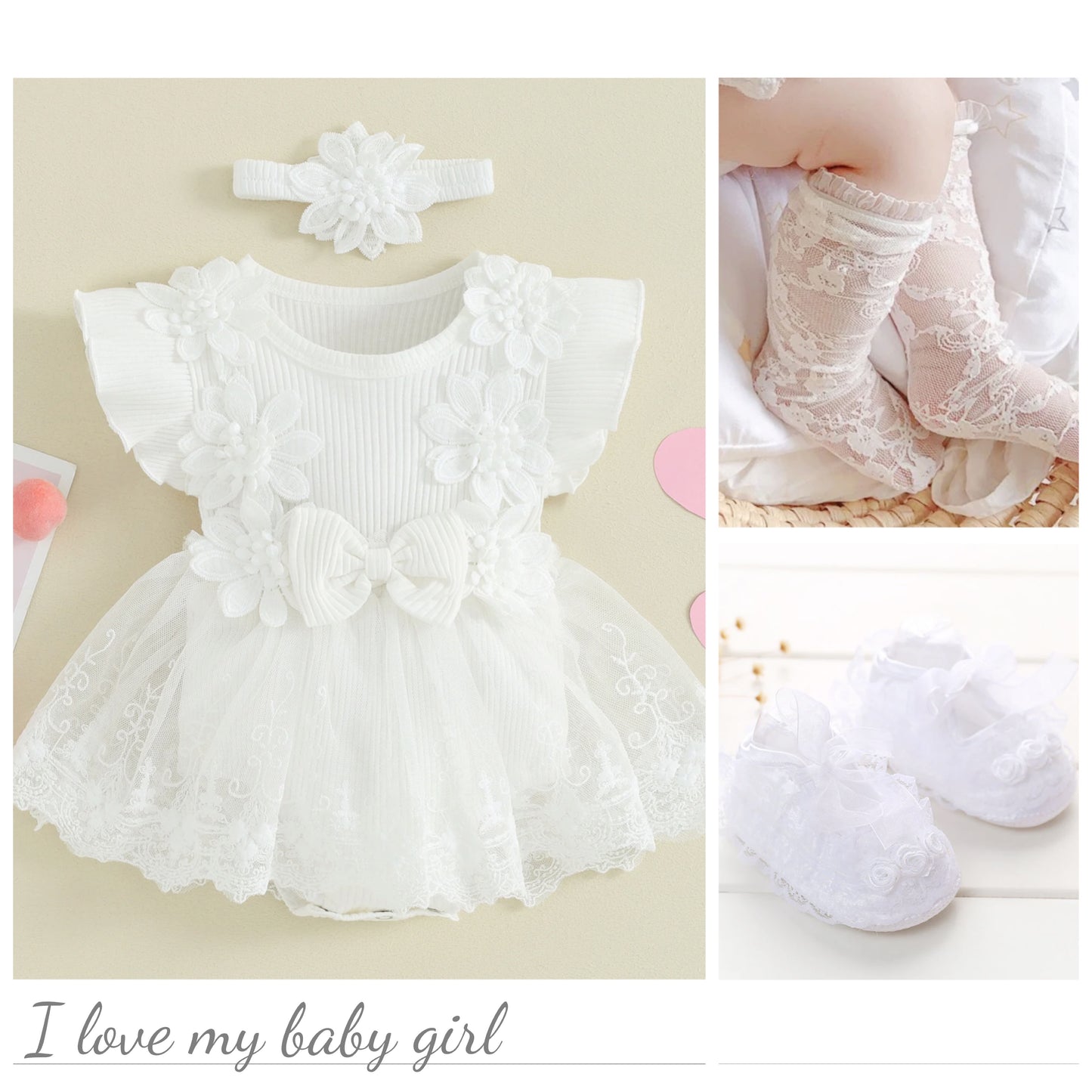 Baby Girl Lace Romper Dress flower and bow Boho + headband 4 color