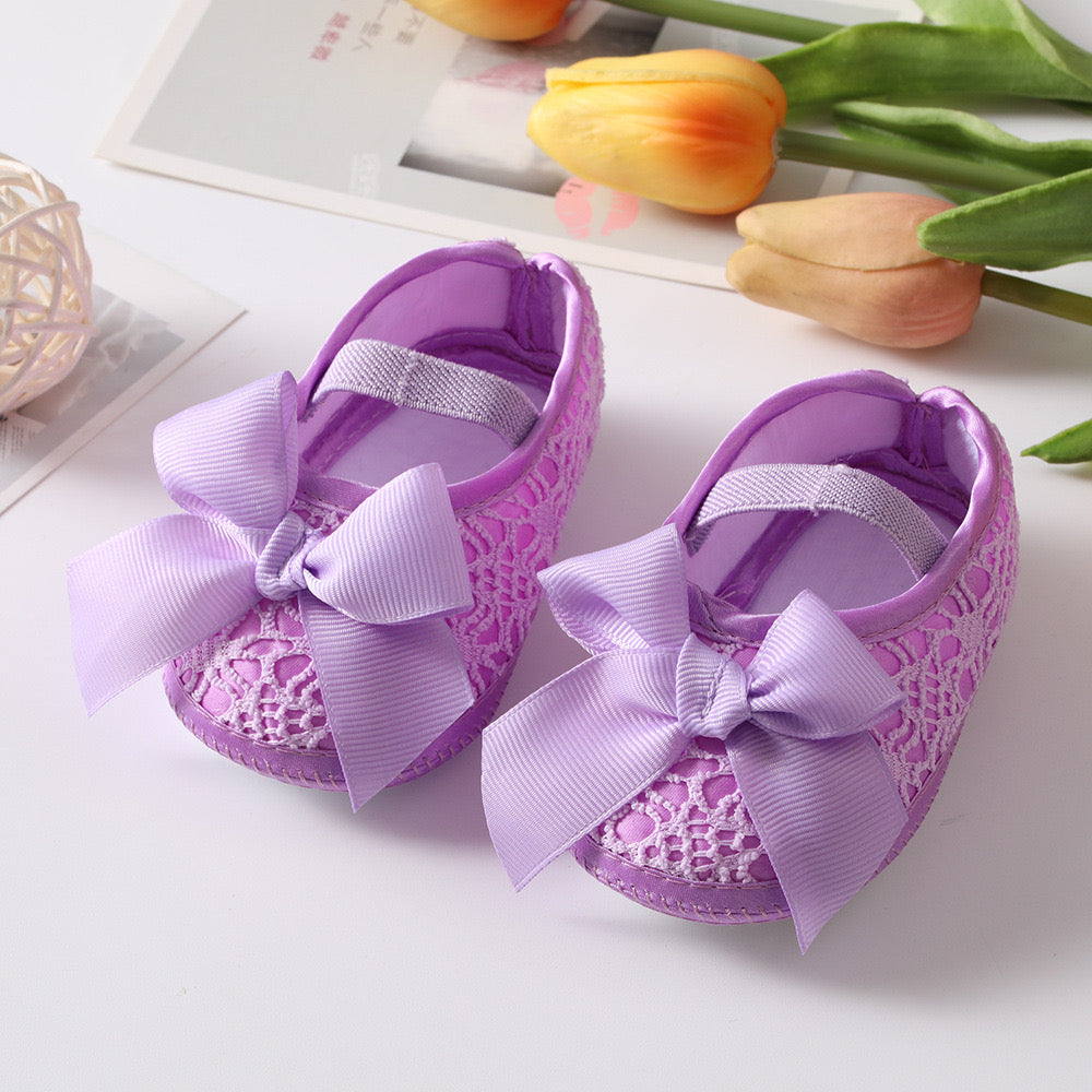 Baby pre-walker shoes with bow knot + headband set purple