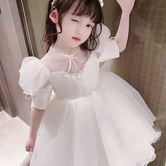 Elegant Puff sleeve satin dress mesh skirt bow knot