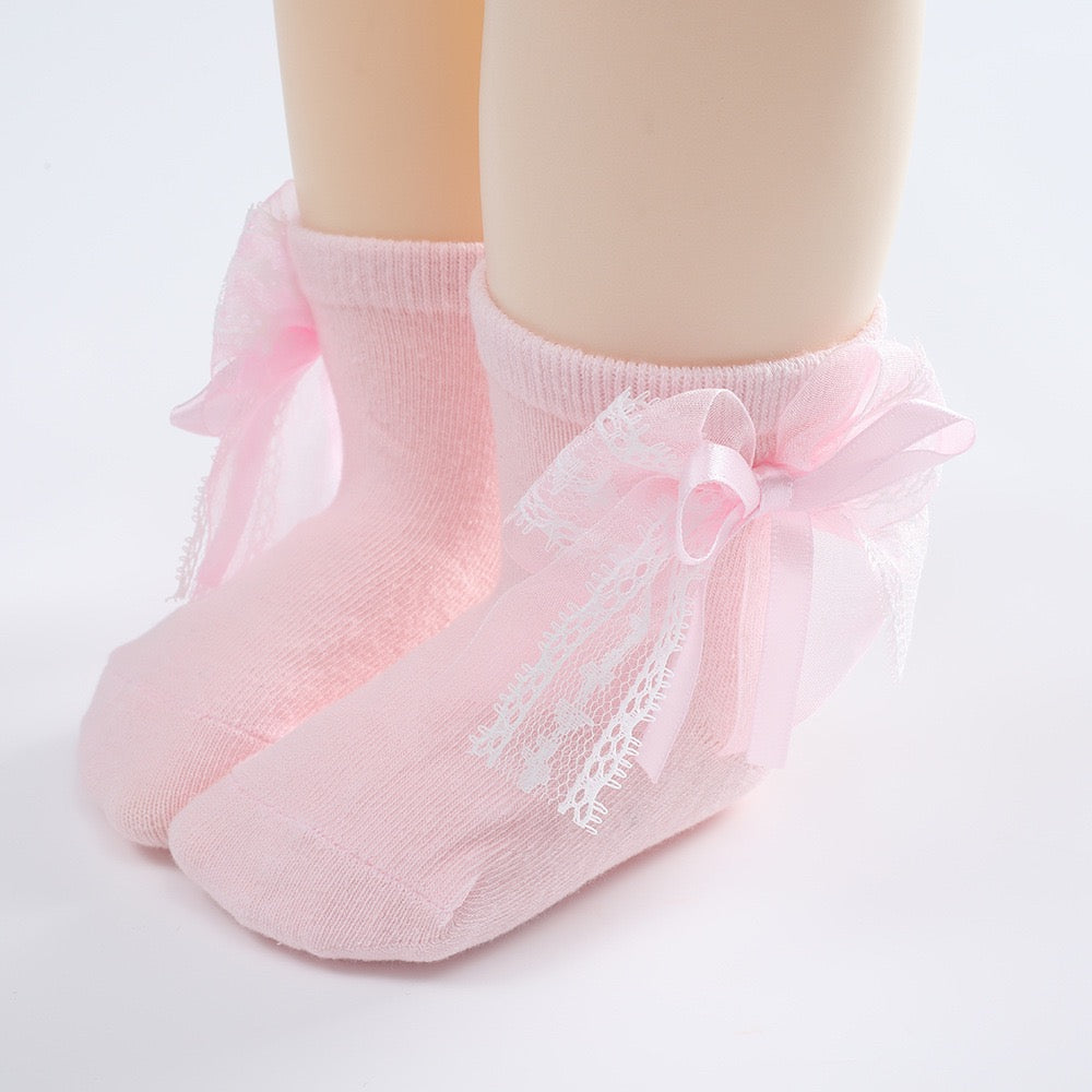 kids baby cotton Socks with lace and ribbon bow knot 2 color