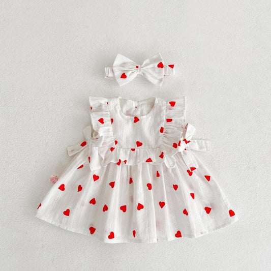 Cotton dress with printed hearts + headband