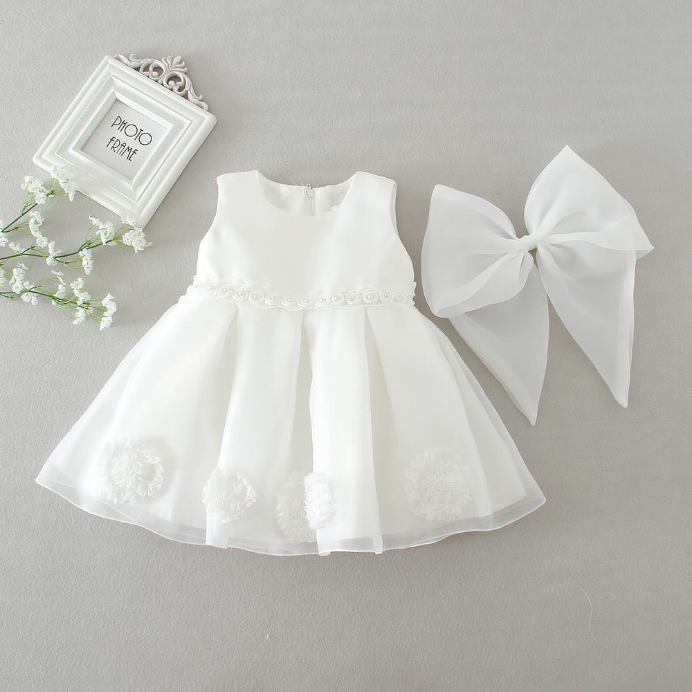 Elegant Baby dress with flowers and big bow knot White