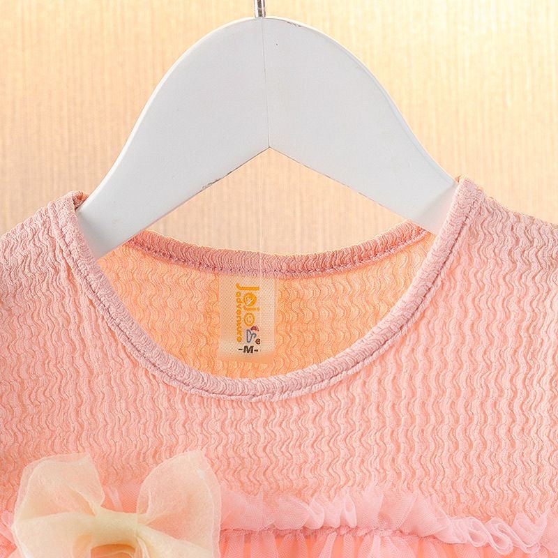 baby pink flying sleeve dress with beige bow knots