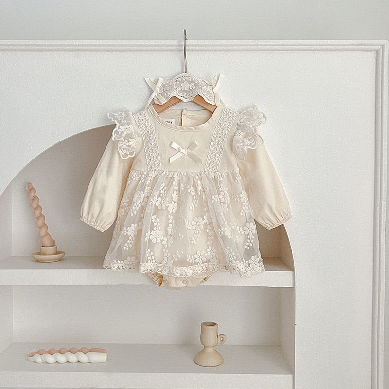 Baby beige lace romper dress long sleeve + vintage lace headband