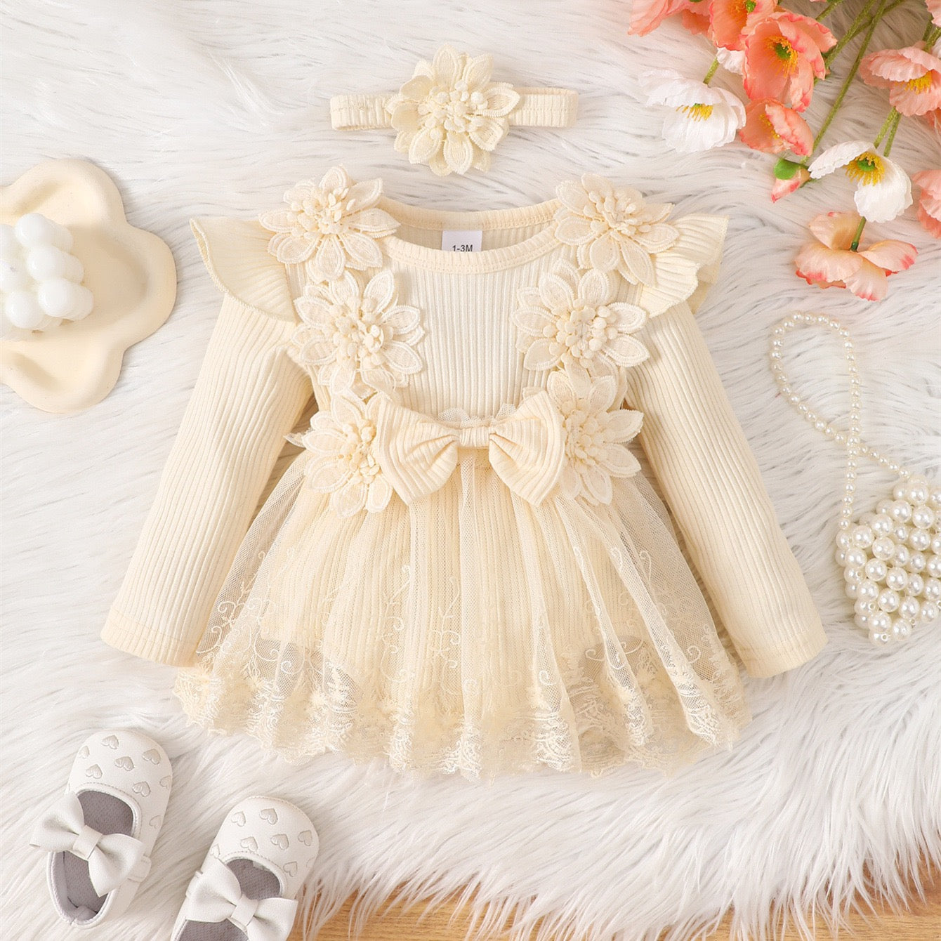 long sleeve romper dress with flowers + headband 3 color