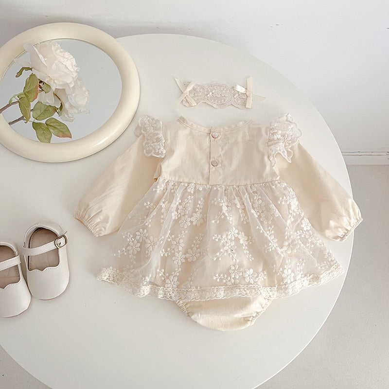 Baby beige lace romper dress long sleeve + vintage lace headband