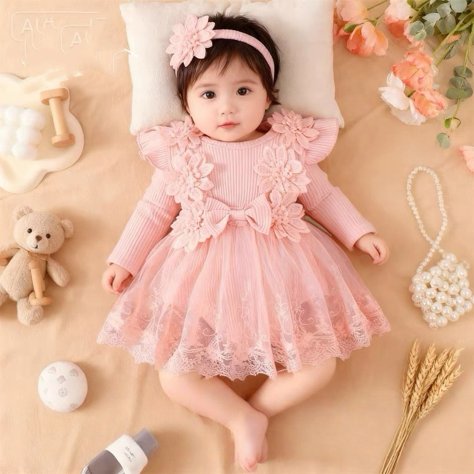 long sleeve romper dress with flowers + headband 3 color