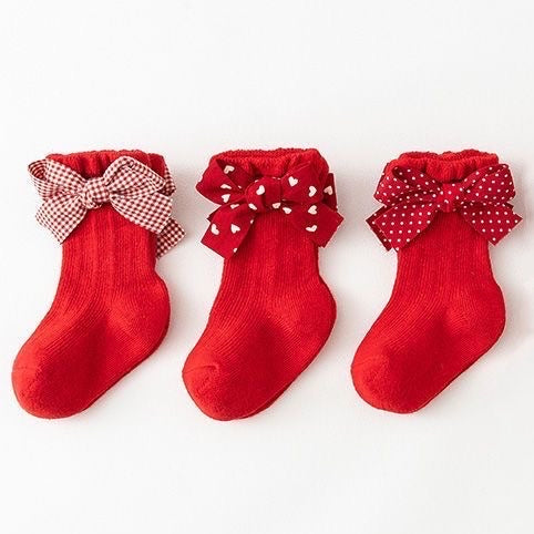 red baby cotton socks with bow knots