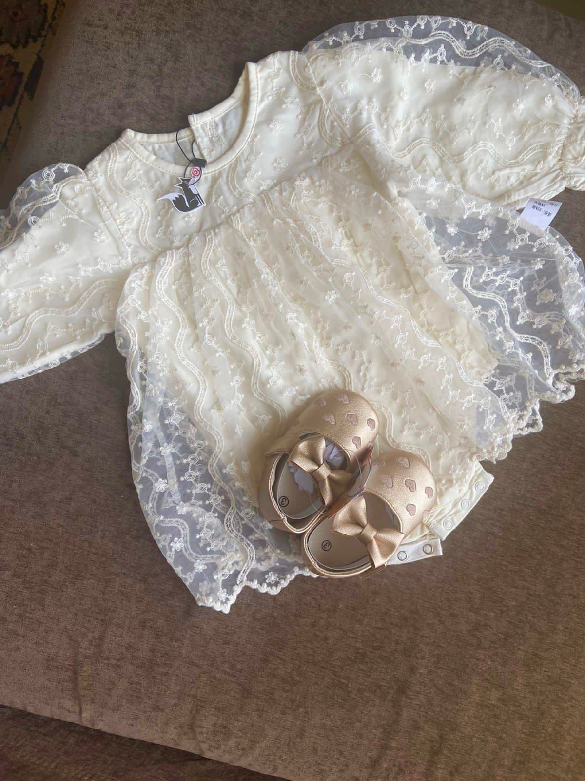 Baby beige lace romper dress long sleeve with headband