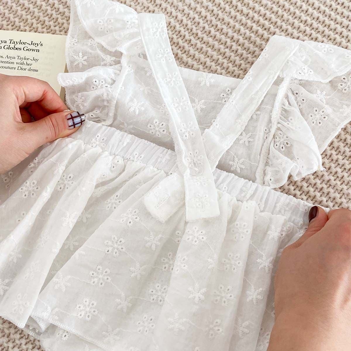Simple 100% cotton backless romper dress + headband with bow white
