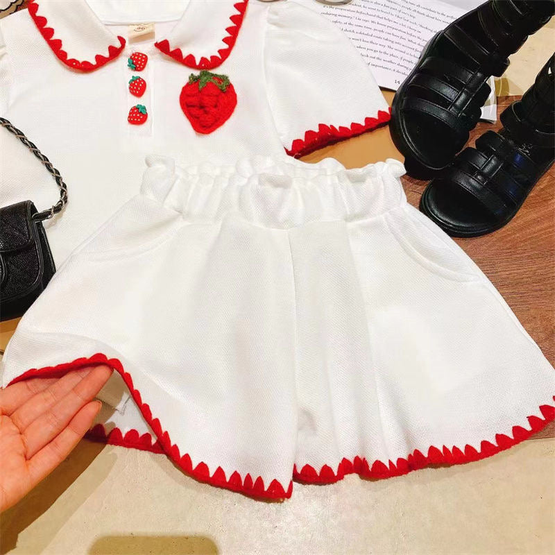 2 piece Girls Short Sleeves Lapel Strawberry T-shirt +middle Waist Pleated Skirt