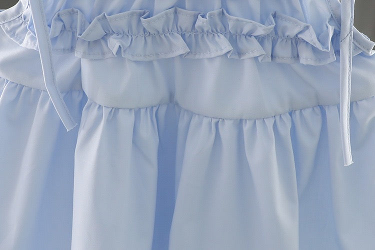 Sweet girl cotton dress with straw bag blue color