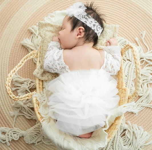 set of 2pcs 0-1 month Baby Girl lace romper dress  + tulle headband white