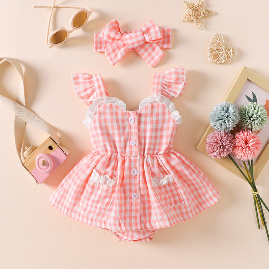 2 pieces Baby cotton french plaid romper dress + headband