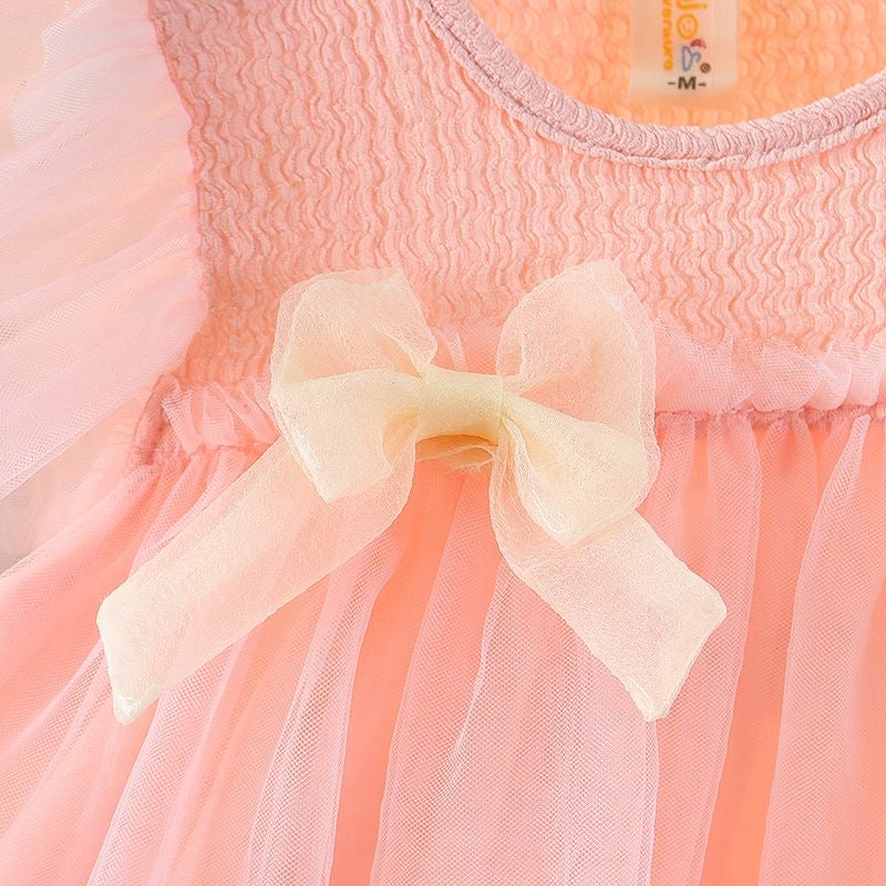 baby pink flying sleeve dress with beige bow knots