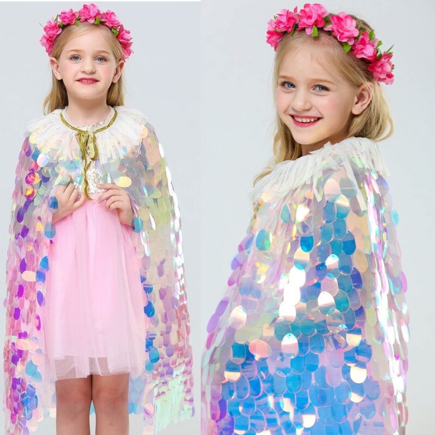 2 piece set Girls mermaid Cape Cloak Shiny Glitter Party Prop Kids Fancy cape + headband