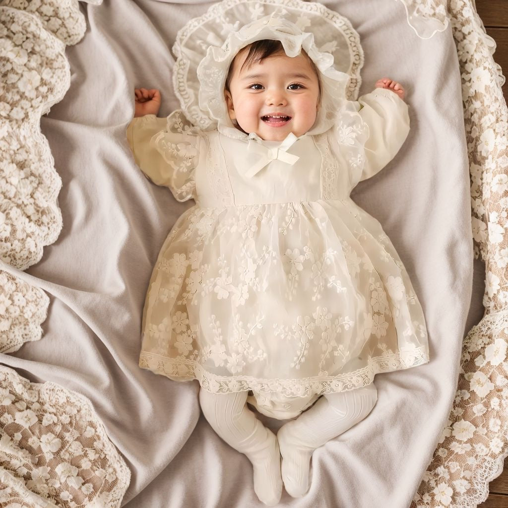 Baby beige lace romper dress long sleeve + vintage lace headband