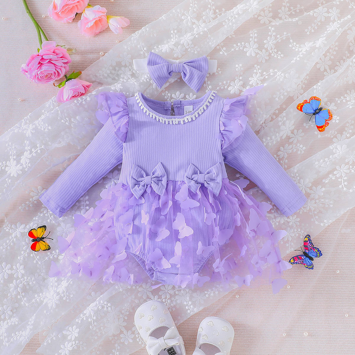 3D butterfly Baby long sleeve dress with headband