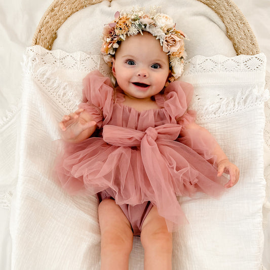 Baby Girl romper dress tulle skirt see through puff sleeves dusty rose