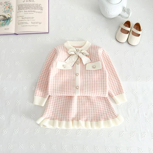 2 piece Girls long sleeve knitted jacket + skirt and removable bow knot